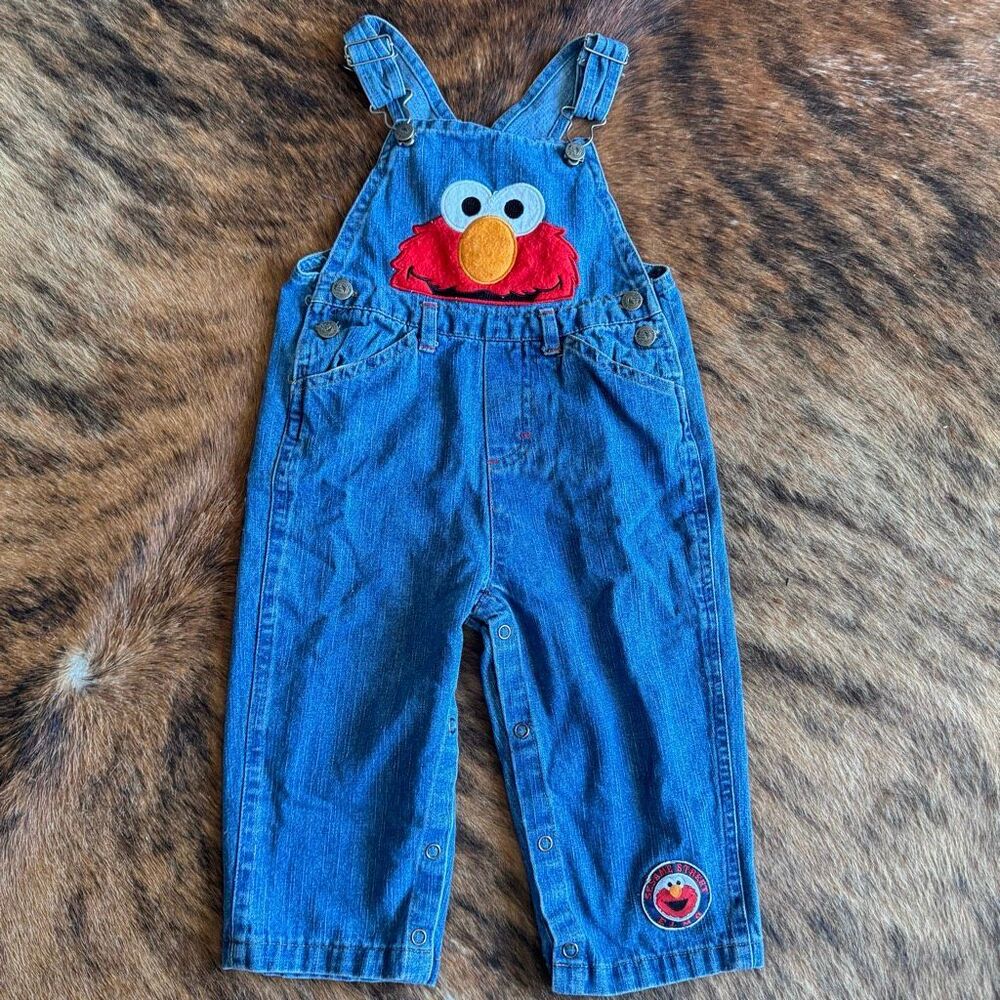 90s VTG Sesame Street Elmo Embroidered Overalls Character Denim Y2K Kidcore